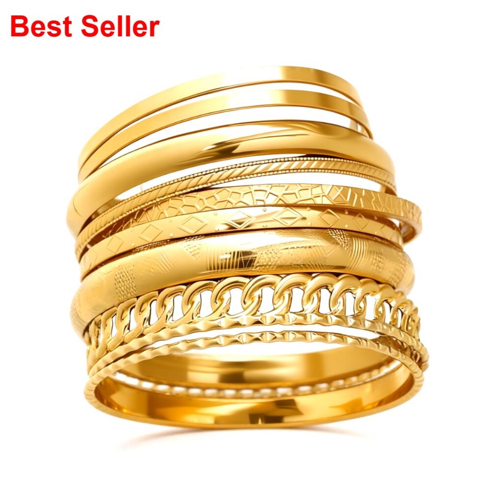 14K Gold Plated Bangle Bracelets Stackable Set Textured Boho Jewelry